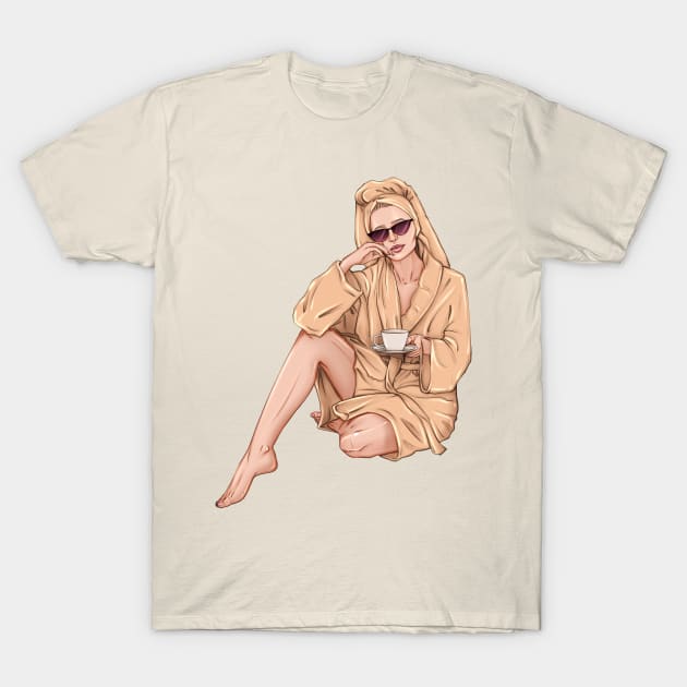 Spa girl sitting with a cup of tea fashion illustration art T-Shirt by ArctiumStudio